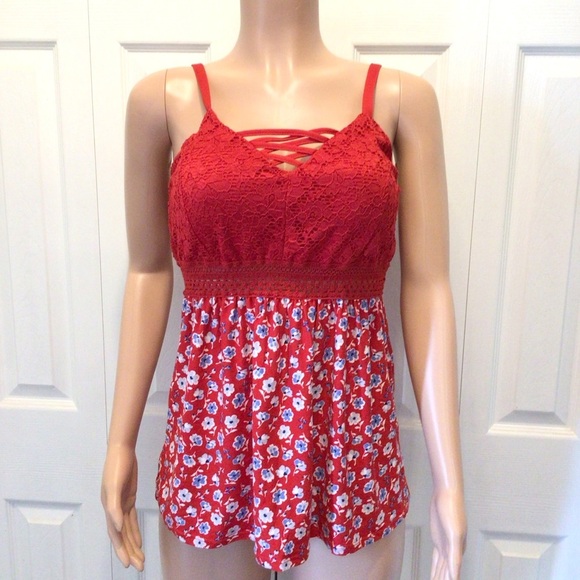 No Boundaries Juniors Red Floral Sleeveless Lace V-Neck Cami Tank Top Size Large - Picture 3 of 9